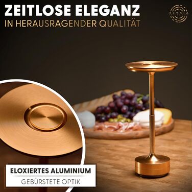 LED настільна лампа ELYSIA з акумулятором, диммування, бездротова, сенсорне управління, для дому та вулиці [IP54], тепле світло [2200K-2700K-3200K], USB-C, перезарядна, алюміній, золота