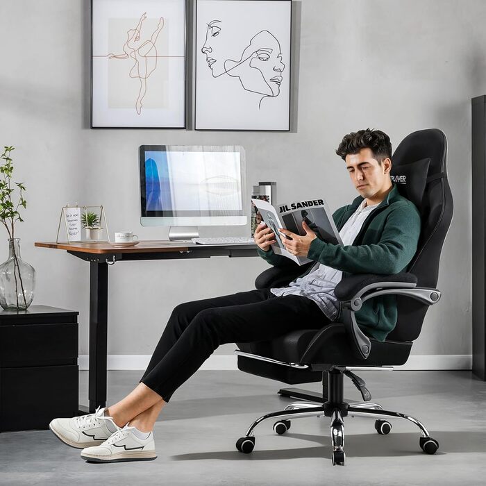 Ігрове крісло GTPLAYER з підніжкою, підголовником та масажем спини, біле (чорне, тканина)