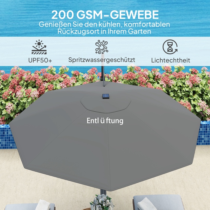 Outsunny Alu Centilever Parasol LED Solar Ø300 см регульована по висоті парасолька з кривошипною підставкою UV50+ Водовідштовхувальний ринок Обертовий ринок на 360° Нахилена садова парасолька Сонцезахисний захист для саду Балкон Темно-сірий
