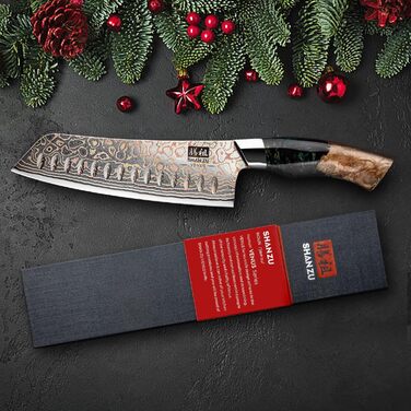 Японський ніж SHAN ZU з дамаської сталі з міддю, ручне кованість, професійний кухонний ніж, 20 см, серія VENUS (18 см Сантоку)