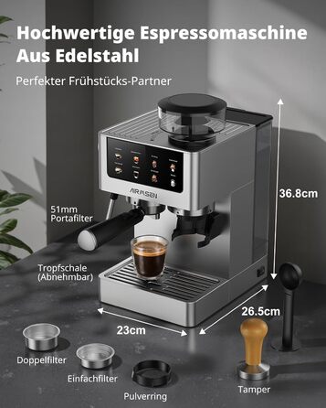 Еспресо-машина Siebträger з прозорою колбою, 20 Bar, автоматичний спінювач молока, для капучино та лате, Dual Boiler (1350W & 1000W), 15s екстракція, нержавіюча сталь, бак 1.8L, сенсорний дисплей, автоматичний спінювач молока (з млинком)