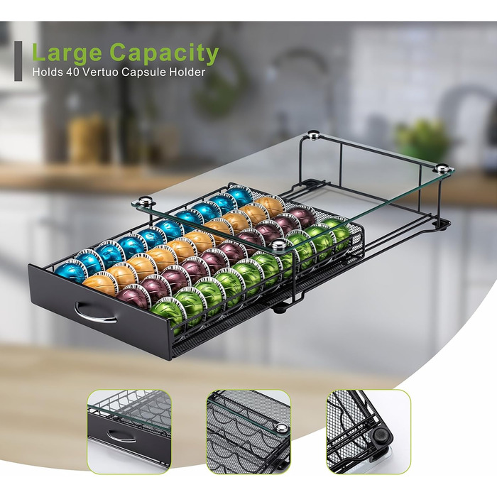 Організатор для капсул Vertuo: підставка для Nespresso з підсвічуванням, для шафи, Vertuoline, 40 капсул (з ручкою)