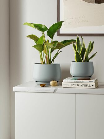 Керамічні горщики LE TAUCI з підставкою, 10+13+16 см, набір з 3 горщиків для кімнатних рослин, з дренажним отвором, реактивна глазур (блакитно-сірий)