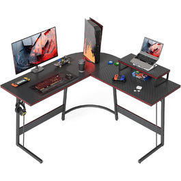 Ігровий кутовий стіл CubiCubi 120 x 120 см, L-подібний стіл для геймінгу, комп'ютерний стіл з підставкою для монітора, кутовий стіл, простий монтаж, карбонове покриття чорного кольору