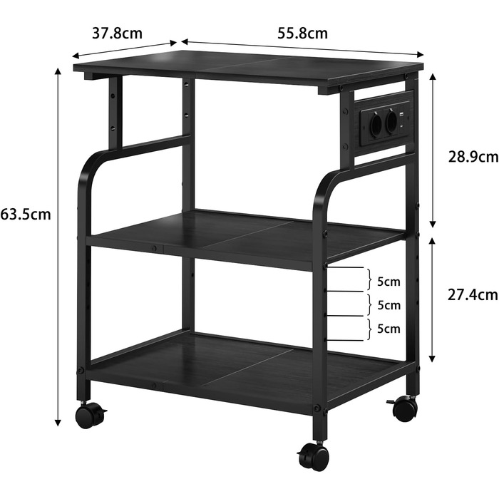 Трирівневий стіл для принтера з розеткою та USB-портами, регульовані полиці, роликовий стійка для принтера для дому/офісу, 3D/лазерний принтер, термопрес (Чорний) Чорний 60 см
