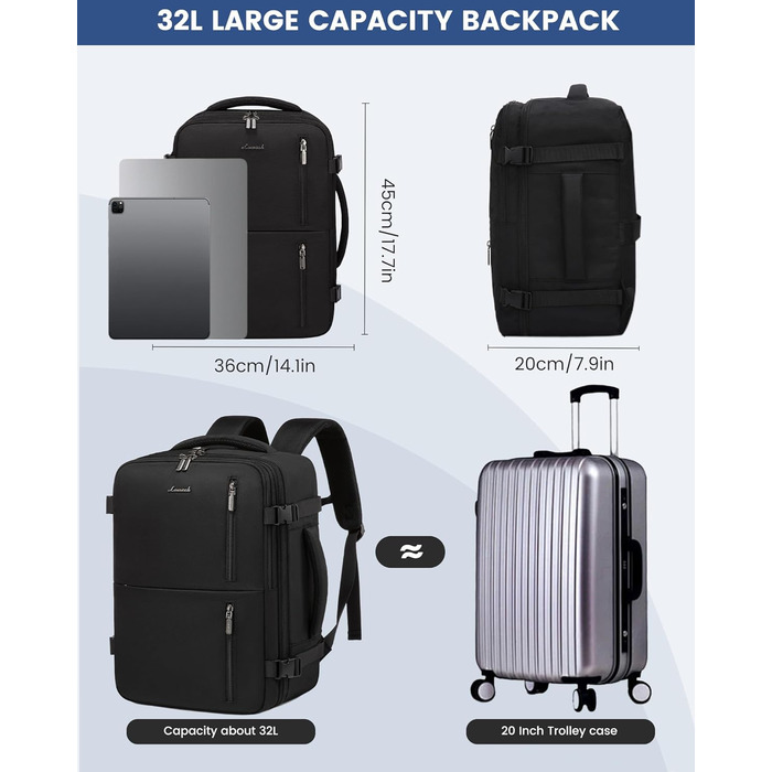 Рюкзак LOVEVOOK для ручної поклажі 40x30x20, 45x36x20, 24л, для ноутбука 14/15.6 дюймів, з USB, чорний, для подорожей та роботи