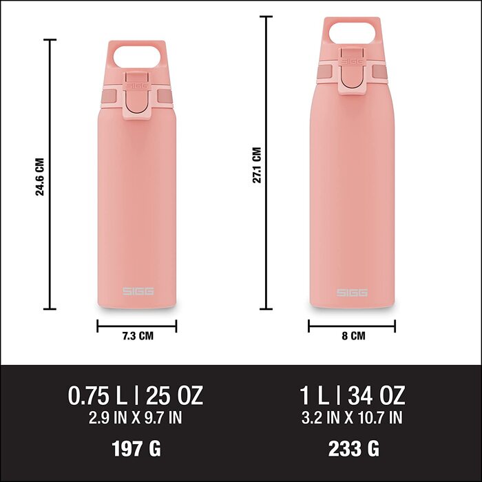 Вулична пляшка для пиття SIGG Shield ONE (/1 л), що не містить забруднюючих речовин і герметична пляшка для пиття, міцна спортивна пляшка для пиття з нержавіючої сталі з ОДНИМ верхом (1 л, сором'язливий рожевий)