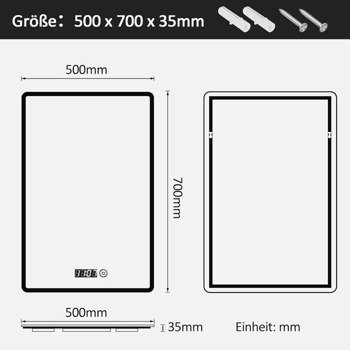 Дзеркало для ванної кімнати з підсвічуванням та годинником Boromal 50x70 см, диммер, 3 кольори світла, 2470 лм