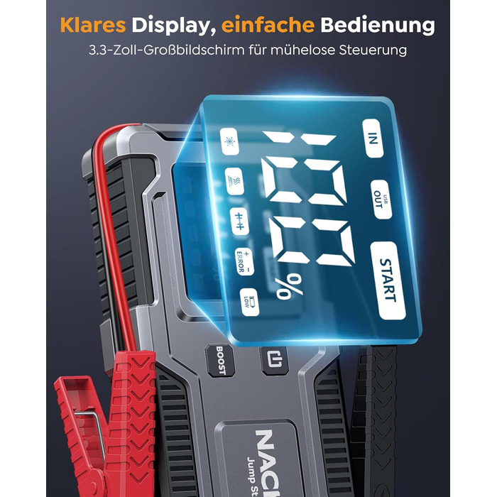 Powerbank Starthilfe 6000A: Зарядний пристрій для автомобіля 12V (до 9L бензин, 7L дизель) з кабелем, LED-лампою та дисплеєм – для SUV, мотоциклів, газонокосарок