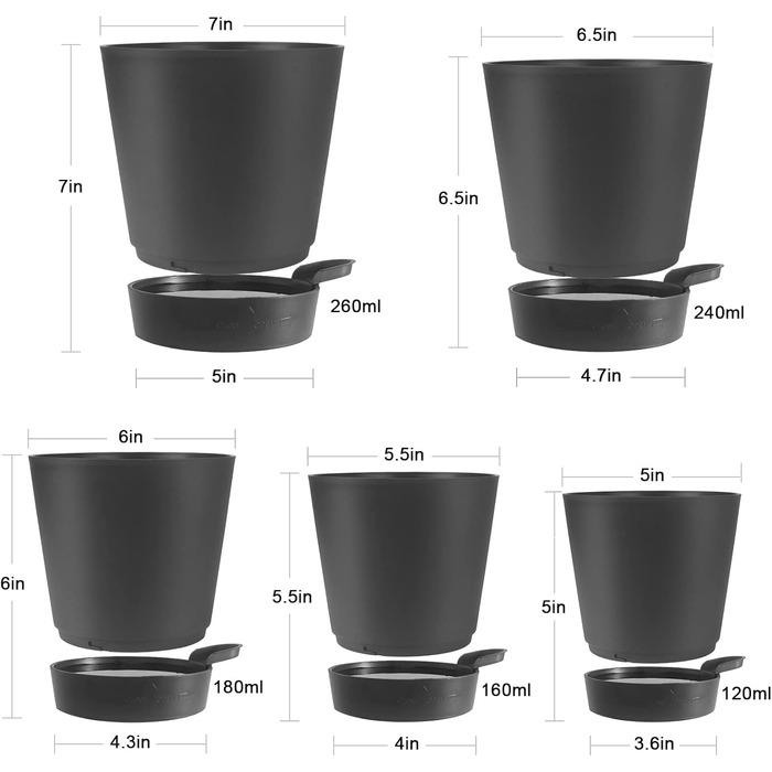 5 горщиків з пластику з системою поливу, 17.8/16.5/15.2/13.9/12.7 см. Самополивні горщики з підставкою, круглі, для квітів, сукулентів, кактусів, зелені та чорні, для дому, балкона та саду.