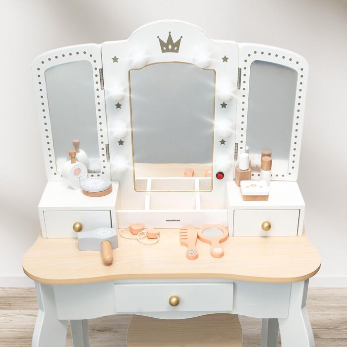 Детський туалетний столик Mamabrum XXL з дерева з пуфом та LED-дзеркалом – для дівчаток віком від 3 років з висувною шухлядою та аксесуарами для краси – ігровий набір та письмовий стіл MAM240 DRESSER