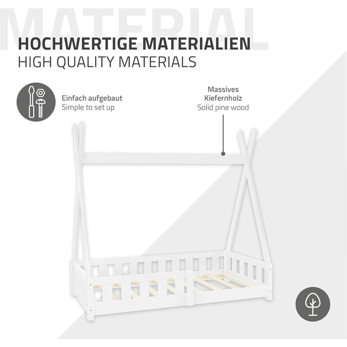 Дитяче ліжко-халапа Tipi 70x140 см біле з бортиками та ламелями, з сосни, індіанське ліжко для дівчаток та хлопчиків, будиночок-ліжко з огорожею, ліжко-халапа для дітей та підлітків, ігрове ліжко-намет