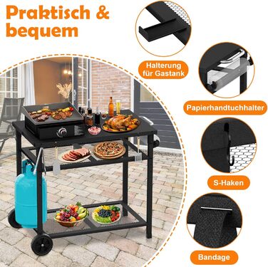Гриль-вогнівку з грилем та піч для піци на коліщатках - стіл для гриля та піци для вулиці з двома сітчастими полицями для дому, вечірки, кемпінгу