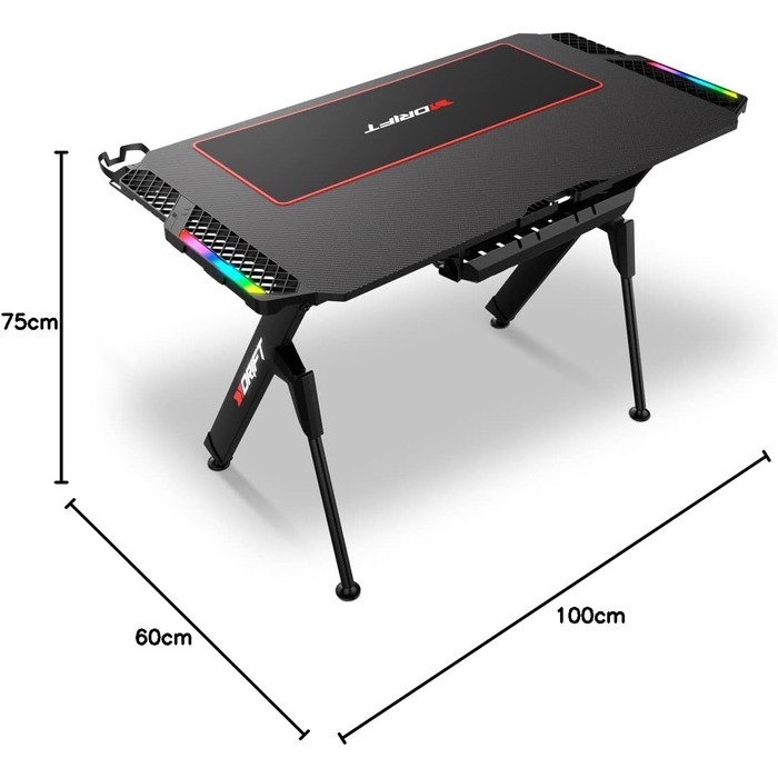 Ігровий стіл DRIFT GAMING з карбоновою поверхнею, RGB підсвічуванням, підстаканниками та тримачем для навушників, чорний (DRDZ150RGB)