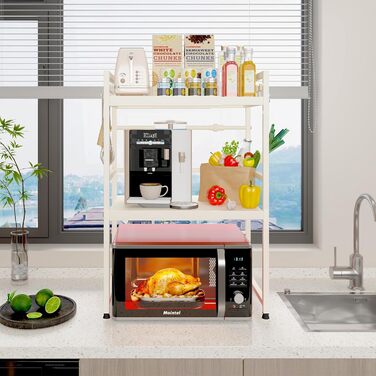 Регульована полиця для мікрохвильової печі, розширювана стійка-організатор для кухні, міцна з вуглецевої сталі, з 8 гачками (3-рівні, білий)