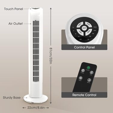 Баштовий вентилятор CURECURE з дистанційним керуванням 81 см, мобільний вентилятор, баштовий вентилятор з коливанням 70, вентилятор з колонкою вентилятора, таймер на 7,5 годин, 3 режими, 2 швидкості, білий