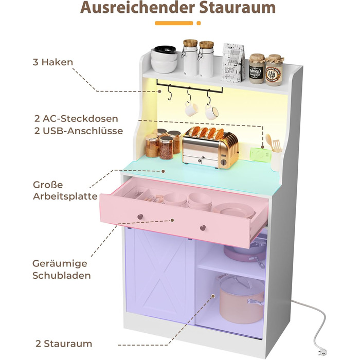Буфет-шафа з робочою поверхнею, велика шухляда, регульовані полиці, 3 гачки, LED-підсвічування, для кухні, вітальні, їдальні (білий)