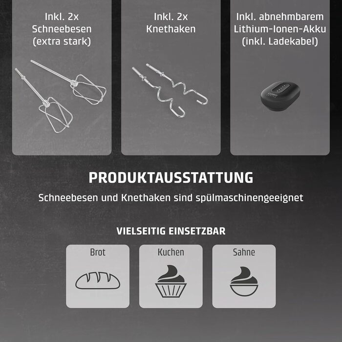 Ручний міксер CASO Click & Mix бездротовий, акумуляторний, для тіста, збитих вершків, соусів, 8 швидкостей (600-1200 об/хв)