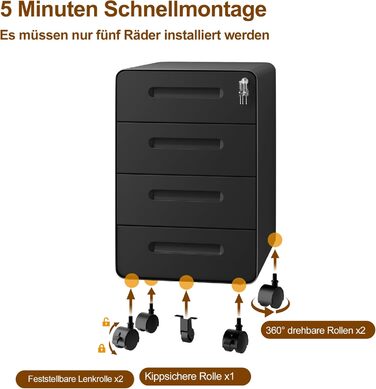 Роликовий контейнер HOMSTEEL з замком, 4 шухляди, металевий офісний шафка, чорний (46T x 40B x 64H cm)