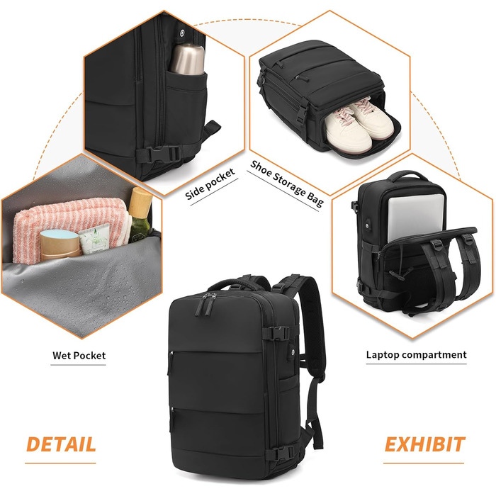 KONO Рюкзак для ручної поклажі 42x30x20, рюкзак для ноутбука 25L, Outdoor, для подорожей, спорту, Weekender з відділенням для взуття, чорний