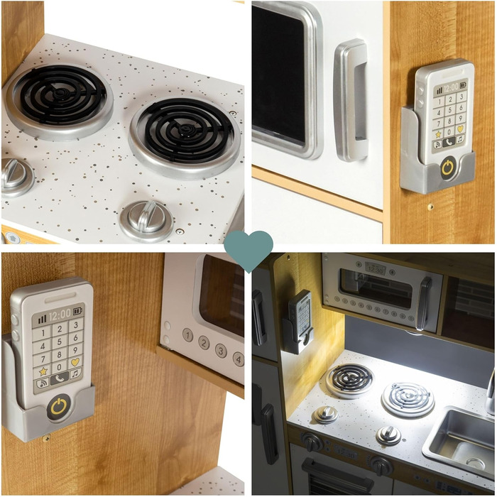 Дерев'яна дитяча кухня Mamabrum з LED-підсвічуванням та аксесуарами - 15 частин. Комплект: плита, духовка, мікрохвильова піч, холодильник, кран та іграшкова кухонна утвар для дітей