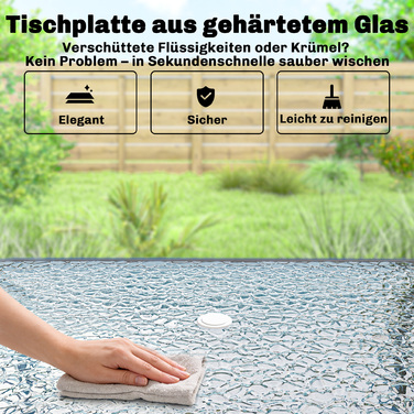 Набір садових меблів: комплект для сидіння 119 x 68 см, стіл зі скла, 6 розкладних стільців, парасолька з візерунком хвилястій поверхні, сірого кольору.