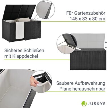 Ящик для подушок Juskys Ikaria 950л з кришкою з автопідйомом та внутрішньою підкладкою - Садова скриня 145x82x79 см чорна