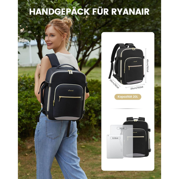 Рюкзак LOVEVOOK для ручної поклажі Ryanair, 40x20x25 см, для ноутбука 13.3 дюйма, чорний/сірий, підходить для Eurowings, Wizz Air