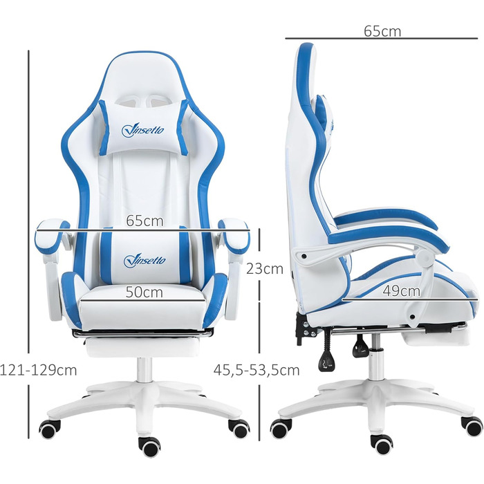 Крісло ігрове Vinsetto Ergonomic з регульованою підніжкою, спинкою 135°, підголівником та поперековою підтримкою, поворотне на 360°, PU шкіра, білий/сірий