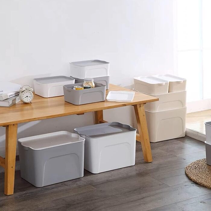 Ящик для зберігання з кришкою, Набір з 4 кухонних органайзерів Пластикова коробка з кришкою 15 л Штабельовані пластикові ящики для кухні, спальні, ванної кімнати, зберігання - Білий (F-khaki(2))