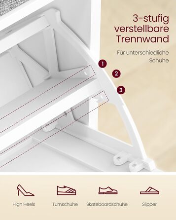 VASAGLE Комод для взуття з сидінням, банкетка для взуття з 3 ярусами, контейнер для взуття на 6 пар, відкидна полиця з регульованою перегородкою, 30 x 60 x 53,5 см, для передпокою, спальні, білий-сірий, LSB121WB01