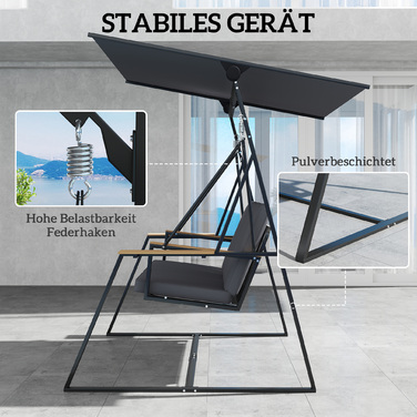 Гойдалка садова для трьох осіб з регульованим дахом, подушками та підставками для напоїв, вантажопідйомність 360 кг, сіра