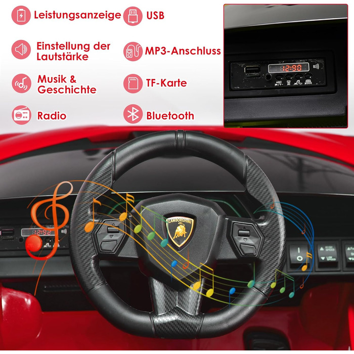 Електромобіль для дітей DREAMADE Lamborghini 12V з пультом, ременем безпеки, підсвічуванням, музикою та сигналом, червоний, від 3 років