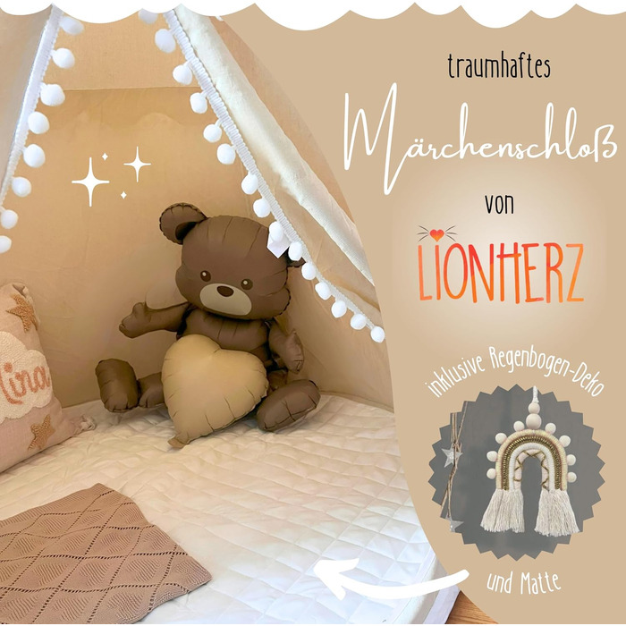 Дитячий намет LIONHERZ® DAS ORIGINAL: принцесин замок з бавовни та льону | з фібергласовими штангами та сумкою для перенесення | стабільний намет-тіпі для дівчаток (без аксесуарів)