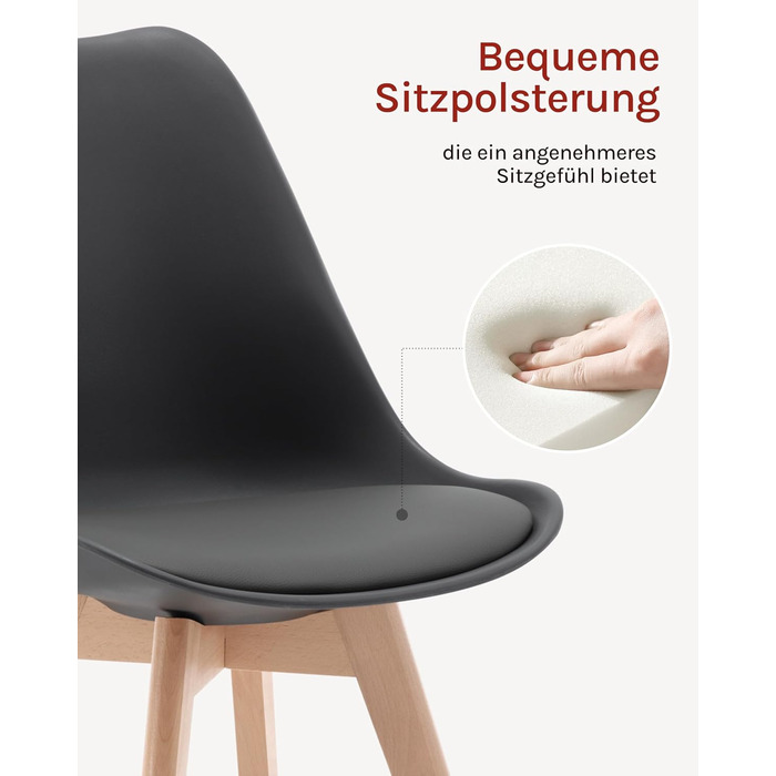 WOLTU Комплект з 4-х кухонних стільців, скандинавський дизайн, штучна шкіра, масивні дерев'яні ніжки, до 150 кг, сірий