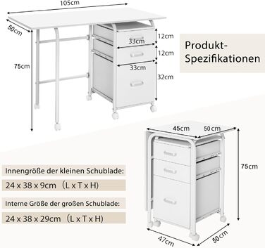 Складаний комп'ютерний стіл COSTWAY з 3 ящиками і колесами, 105x50x75 см, білий