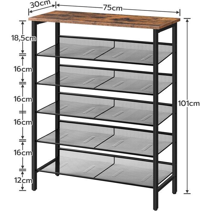 Полиця для взуття HOOBRO, 5-шарова шафа для взуття, регульована полиця для взуття, плоска та нахилена, стійка, металева, вхідна, коридор, промислова, вінтажна коричнево-чорна EBF10J01 (75 x 30 x 101 см)