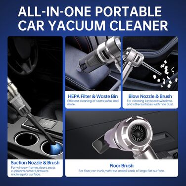 Бездротовий портативний автомобільний пилосос, потужний циклонний міні-пилосос 23000Па з USB-зарядкою для авто, дому та офісу, сріблястий