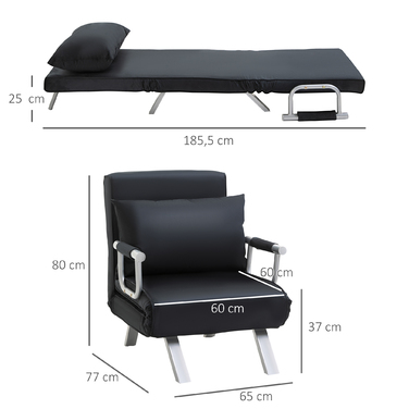 Диван-ліжко HOMCOM 2-в-1 з регульованою спинкою 65L x 77W x 80H см, знімний чохол, подушка, стійкий і стійкий до іржі, поліестер чорний