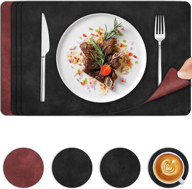 Підставки під гаряче та серветки під тарілку | Коричневе шкіряне покриття з покриттям з телячої шкіри, двосторонні, протиковзні, стійкі до подряпин | Підставки під тарілку для дітей, миючіся, термостійкі | для обіднього столу, кухні, квартири | Зелений та