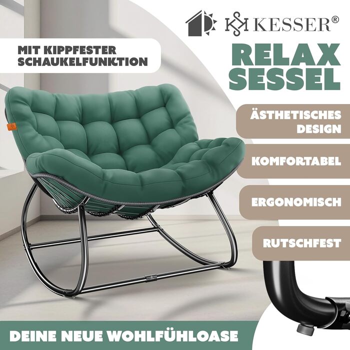 Крісло-гойдалка KESSER XXL для вулиці та дому, зелений, до 150 кг, з подушкою, ергономічне, для саду та балкону