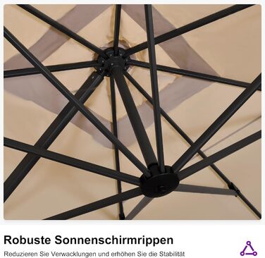 Парасолька від сонця PURPLE LEAF 350x350 см, велика садова парасолька-амбрела з рукою-користувачем, поворотом на 360° та хрестовиною, бежева, для тераси та балкона