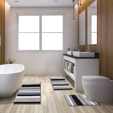 Набір килимків для ванної кімнати Pauwer: 3 шт. з мікрофібри, антиковзаючі, швидковисихаючі, для душу, ванни та туалету (Чорний). Розміри: 50x80 см + 45x65 см + 50x60 см