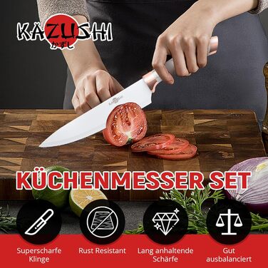 Набір кухонних ножів Messerblock Set: 7 предметів з нержавіючої сталі з дерев'яним блоком та точильним каменем. Професійний кухонний набір, подарунок.