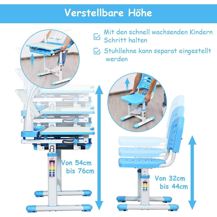 Дитячий стіл COSTWAY регулюється по висоті, Письмовий стіл для учнів з лампою, Дитячі меблі з регулюванням нахилу, Дитячий стіл зі стільцем, Письмовий стіл з ящиком, Вибір кольору (світло-блакитний)