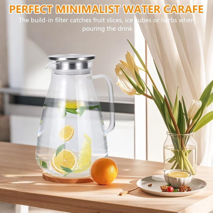 Скляна карафа 2,2 л з кришкою, термостійка, для води, соку та гарячих напоїв