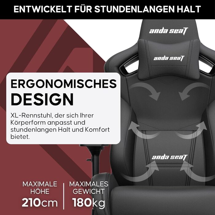 Крісло ігрове Anda Seat Kaiser 2 XL Schwarz Leder - ергономічне, з регульованими підлокітниками та подушками для голови та попереку, для дому та офісу