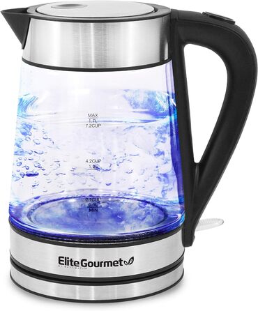 Електричний скляний чайник Elite Gourmet EKT-602 без бісфенолу А, акумуляторна основа на 360, стильний синій світлодіодний салон, зручне автоматичне відключення швидке кип'ятіння води, нержавіюча сталь