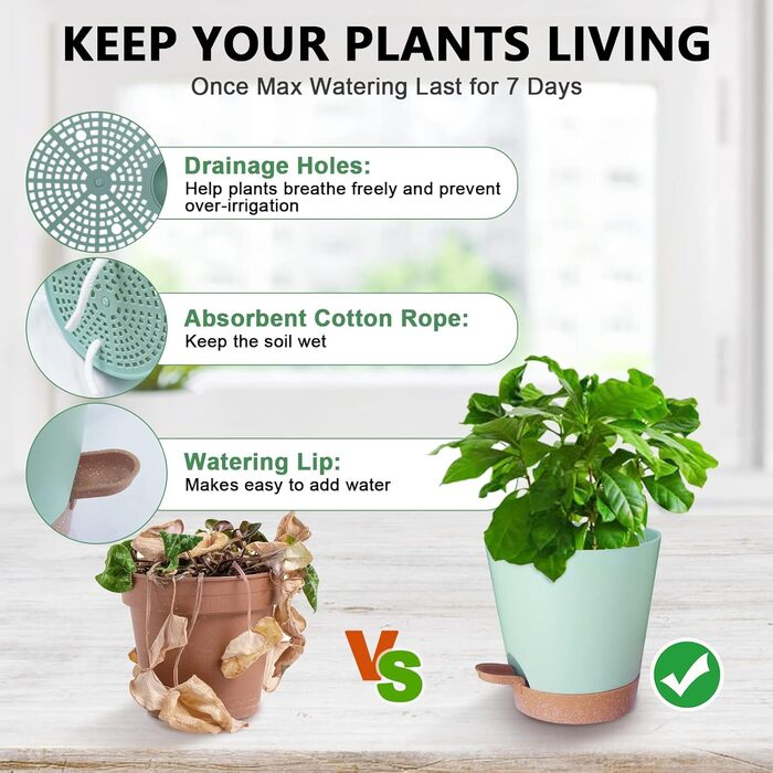 5 горщиків з пластику з системою поливу, 17.8/16.5/15.2/13.9/12.7 см. Самополивні кашпо з підставкою. Круглі горщики для квітів, сукулентів, кактусів. Для дому, балкона, саду. Зелений, коричневий колір.