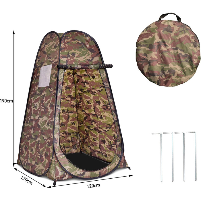 Намет переодягання Relax4Life з системою Pop-up, душовий намет, туалетний намет з вікном, намет-кімнату з поліестеру, 120 x 120 x 190 см, камуфляж Flecktarn